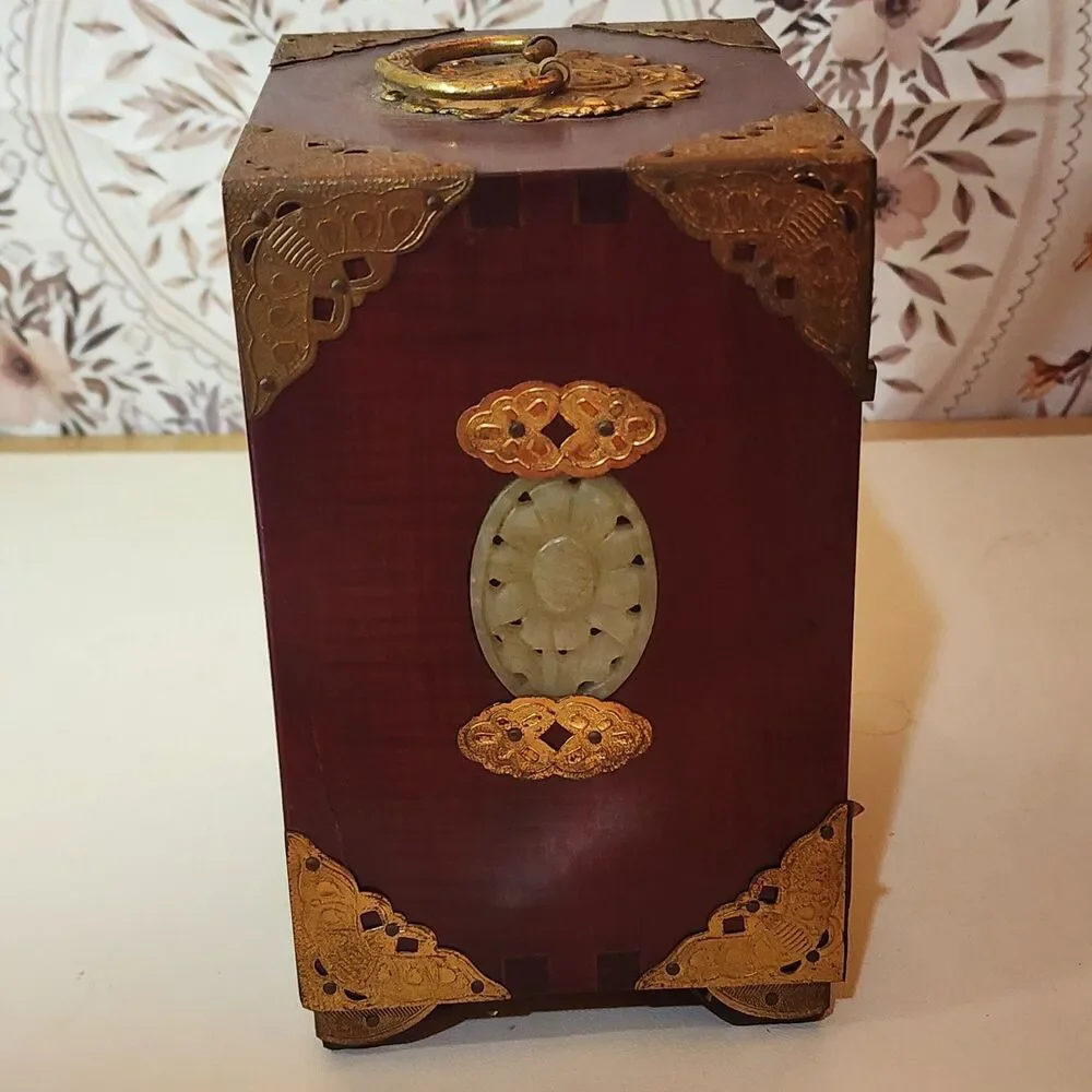 Vintage Chinese Musical Jewelry Box Brass Inlay 3 Drawer Wood Cabinet Memories